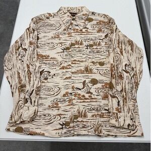 Envoy Mens Vintage 1970s Style Duck Pond Landscape Print Long Sleeve Shirt